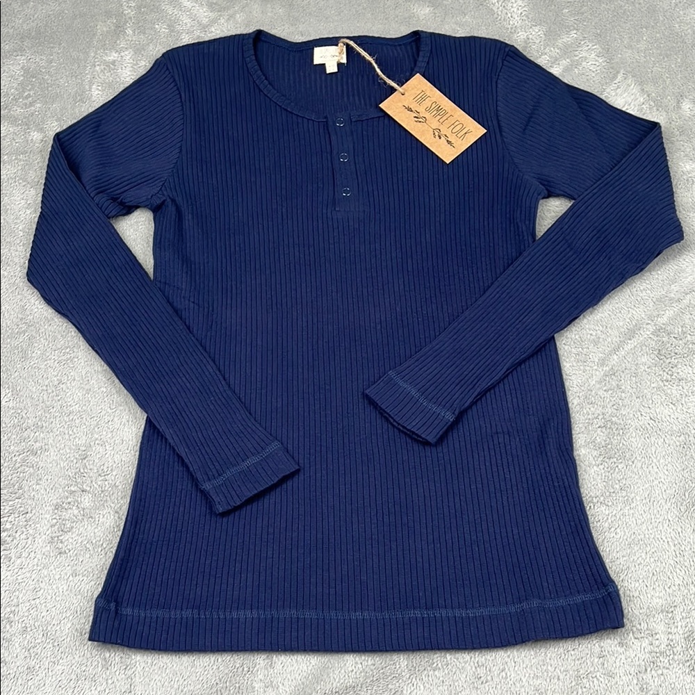 NEW‎ The Simple Folk 6 Organic Cotton Navy Blue Women's Ribbed Henley Top